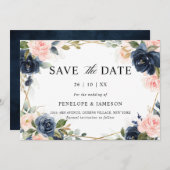 ネイビーダスティブルー赤面ジオメト結婚リ セーブザデート (正面/裏面)