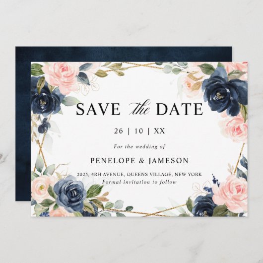 ネイビーダスティブルー赤面ジオメト結婚リ セーブザデート (正面/裏面)