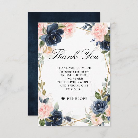 ネイビーダスティブルー赤面幾何学ブライダルシャワー サンキューカード (正面/裏面)