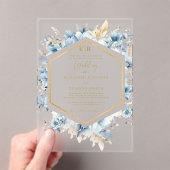 ネイビーダスティブルー金ゴールドフローラ春結婚開花 アクリル招待状 (インサイチュ (ポータブル))
