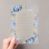 ネイビーダスティブルー金ゴールドフローラ春結婚開花 アクリル招待状 (インサイチュ (ポータブル))