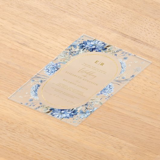 ネイビーダスティブルー金ゴールドフローラ春結婚開花 アクリル招待状 (レイダウン)