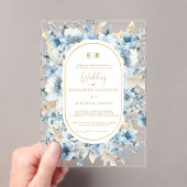 ネイビーダスティブルー金ゴールドフローラ春結婚開花 アクリル招待状 (インサイチュ (ポータブル))