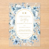 ネイビーダスティブルー金ゴールドフローラ春結婚開花 アクリル招待状 (正面)