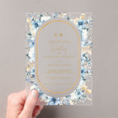 ネイビーダスティブルー金ゴールドフローラ春結婚開花 アクリル招待状 (インサイチュ (ポータブル))