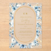 ネイビーダスティブルー金ゴールドフローラ春結婚開花 アクリル招待状 (正面)