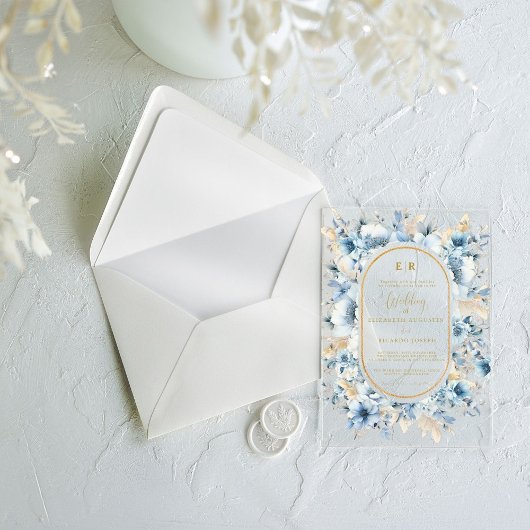 ネイビーダスティブルー金ゴールドフローラ春結婚開花 アクリル招待状