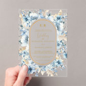 ネイビーダスティブルー金ゴールドフローラ春結婚開花 アクリル招待状 (インサイチュ (ポータブル))