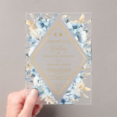 ネイビーダスティブルー金ゴールドフローラ春結婚開花 アクリル招待状 (インサイチュ (ポータブル))