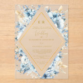 ネイビーダスティブルー金ゴールドフローラ春結婚開花 アクリル招待状 (正面)