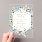 ネイビーダスティブルー金ゴールドフローラ春結婚開花 アクリル招待状 (インサイチュ (ポータブル))
