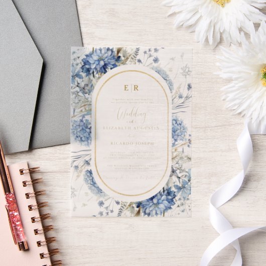 ネイビーダスティブルー金ゴールドフローラ春結婚開花 ベラム紙招待状 (ウェディング)