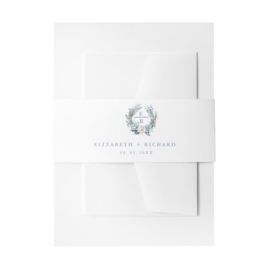 ネイビーダスティブルー金ゴールドフローラ春結婚開花 招待状ベリーバンド (正面例)