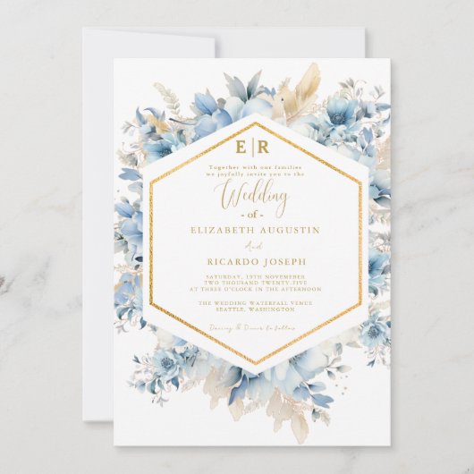ネイビーダスティブルー金ゴールドフローラ春結婚開花 招待状 (正面)