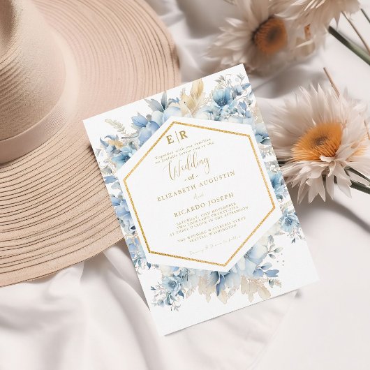 ネイビーダスティブルー金ゴールドフローラ春結婚開花 招待状