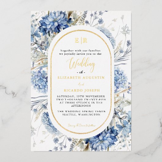 ネイビーダスティブルー金ゴールドフローラ春結婚開花 箔招待状 (正面)