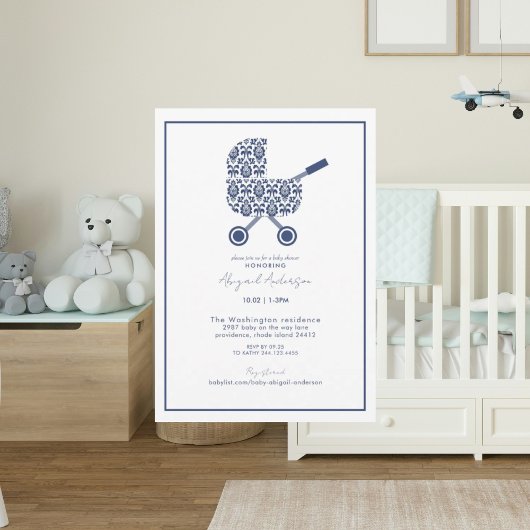 ネイビーダマスクプラムベビーシャワー招待状 招待状