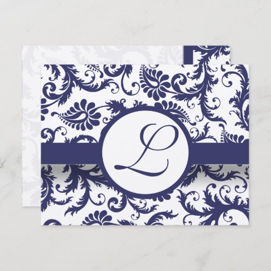 ネイビーダムスクースワーズウェディングレセプションカード 招待状 (正面/裏面)