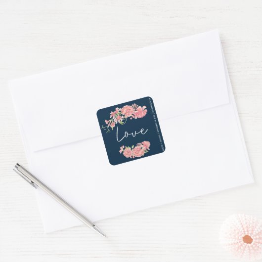 ネイビーダークブルー結婚ピンク牡丹のラブスクリプト スクエアシール (封筒)