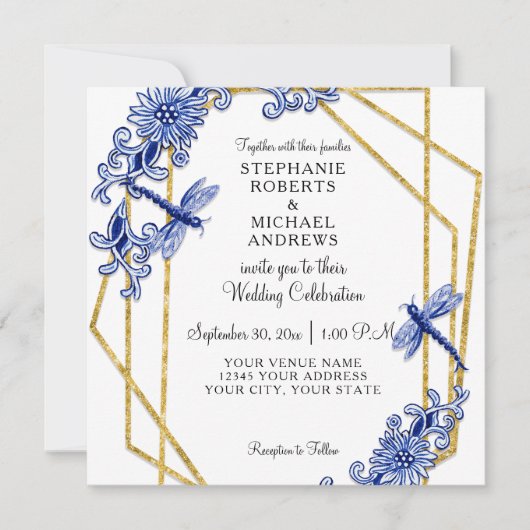 ネイビーチノイスリードラゴンフライ中国フローラ水彩 招待状 (正面)