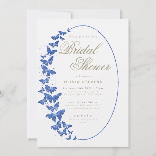 ネイビーチョウチョウボホフレームエレガントブライダルシャワー 招待状 (正面)