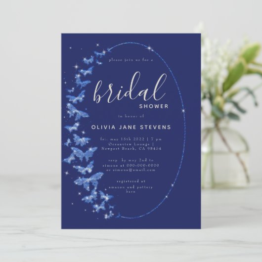 ネイビーチョウチョウボホフレームエレガントブライダルシャワー 招待状 (スタンド正面)