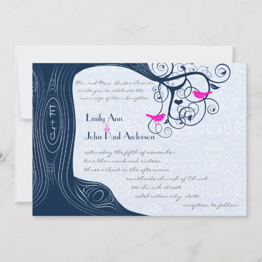 ネイビーツリースワーズ明るい赤紫色ピンク結婚式招待状 招待状 (正面)