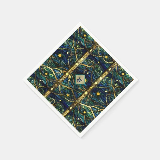 ネイビーティール(緑がかった色)と金ゴールドムーンライトフォレストとモノグラム スタンダードカクテルナプキン (角)