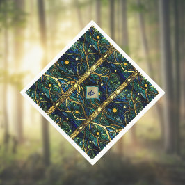 ネイビーティール(緑がかった色)と金ゴールドムーンライトフォレストとモノグラム スタンダードカクテルナプキン