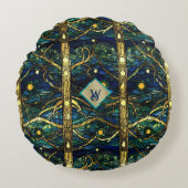 ネイビーティール（緑がかった色）と金ゴールドムーンライトフォレストとモノグラム ラウンドクッション (正面)