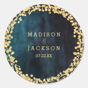 ネイビーティール（緑がかった色）ウォーターカラー&金ゴールドモノグラム結婚ズ ラウンドシール