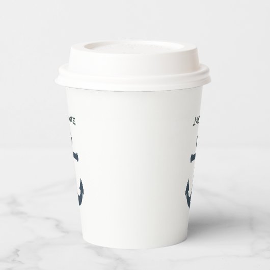 ネイビーティール（緑がかった色）ブルーいかり航海のデザインパーソナライズ 紙コップ (左)