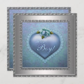 ネイビーティール(緑がかった色)ブルーダマスク男の赤ちゃんシャワー 招待状 (正面/裏面)