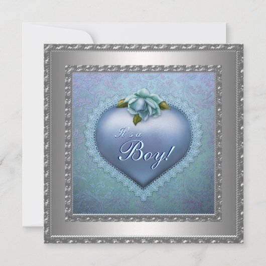 ネイビーティール(緑がかった色)ブルーダマスク男の赤ちゃんシャワー 招待状 (正面)