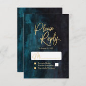 ネイビーティール(緑がかった色)水の色と金ゴールド結婚の返信RSVP 出欠カード (正面/裏面)