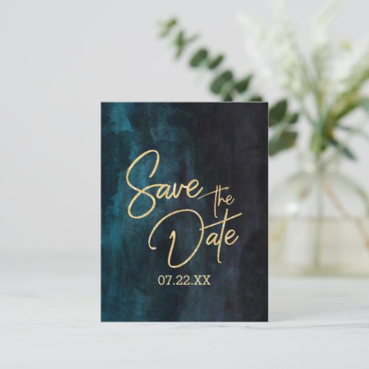 ネイビーティール(緑がかった色)水の色と金ゴールド結婚式の日付を保存 案内ポストカード (スタンド正面)