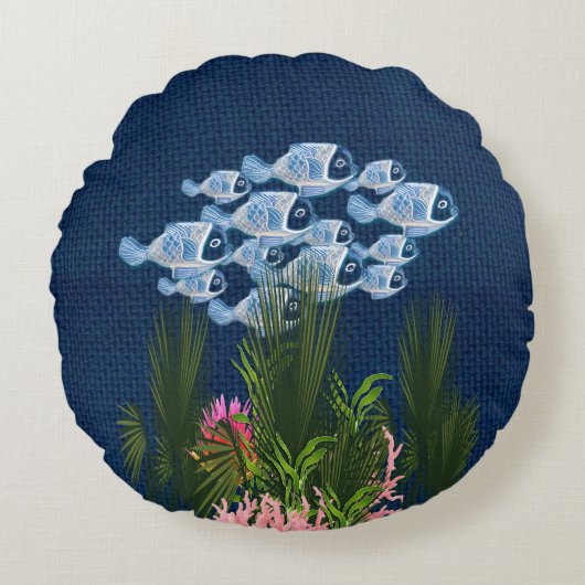 ネイビーテクスチャード、魚、ピンク – サンゴ ラウンドクッション (正面)