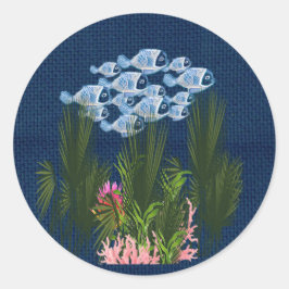 ネイビーテクスチャード、魚、ピンク – サンゴ ラウンドシール