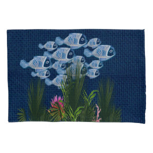 ネイビーテクスチャード、魚、ピンク – サンゴ 枕カバー