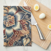 ネイビーテラコッタインドネシアろうけつ染めフローラボホ素朴 キッチンタオル (四つ折り)