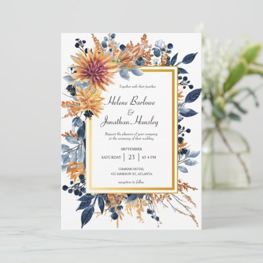 ネイビーテラコッタエレガントラスト素朴フローラ結婚ズ 招待状 (スタンド正面)