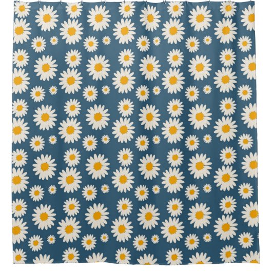 ネイビーデイジーフローラボヘミアン植物模様 シャワーカーテン (正面)