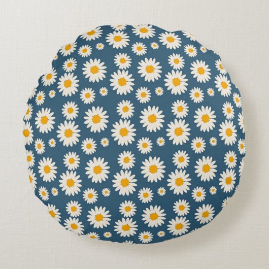 ネイビーデイジーフローラボヘミアン植物模様 ラウンドクッション (正面)