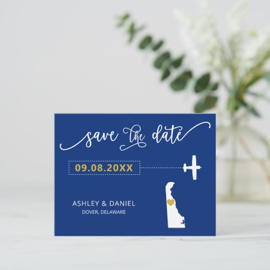 ネイビーデラウェア結婚式Save the Date Mapはがき ポストカード (スタンド正面)