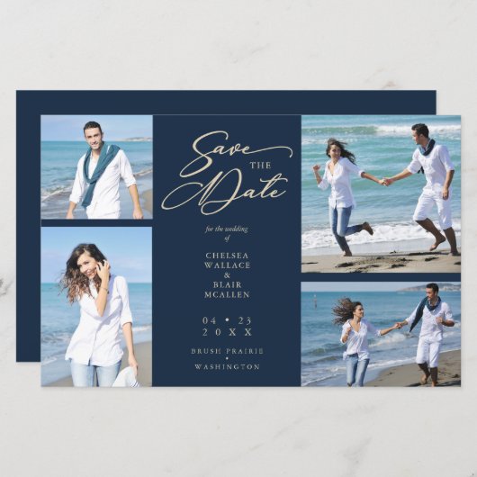 ネイビートレンディー結婚コラージュの4枚の写真 (正面/裏面)