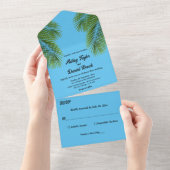 ネイビートロピカルパームブルービーチ行先結婚式 オールインワン招待状 (貼ってはがせる)