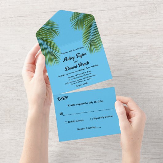 ネイビートロピカルパームブルービーチ行先結婚式 オールインワン招待状 (貼ってはがせる)