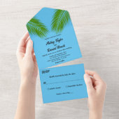 ネイビートロピカルパームリーフブルーコーストビーチ結婚式 オールインワン招待状 (貼ってはがせる)