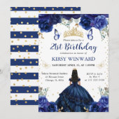 ネイビードレスの黒髪プリンセス誕生日 招待状 (正面/裏面)