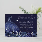 ネイビードレスシルバーバタフライフローラ 箔招待状 (立ち正面)